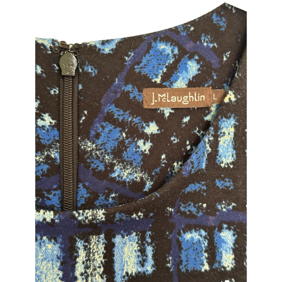 J. McLaughlin Size L Blue Black Abstract Plaid Jersey Sheath Dress Sleeveless - Picture 4 of 6